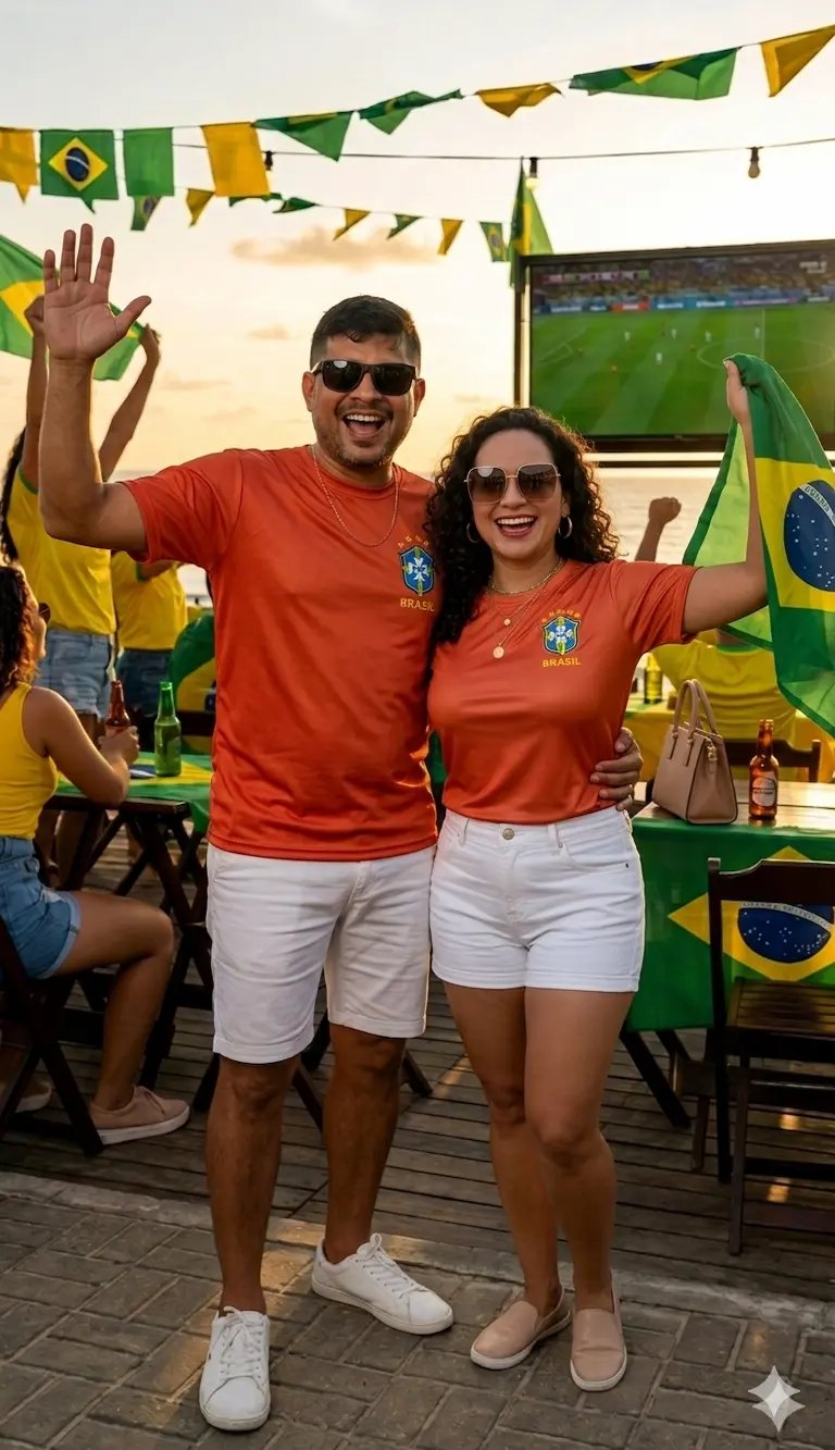 Casal sorrindo vestindo uma blusa do Brasil na cor laranja com escudo e detalhes em amarelo, combinada com shorts branco. Produto da loja Leticy Moda Feminina.