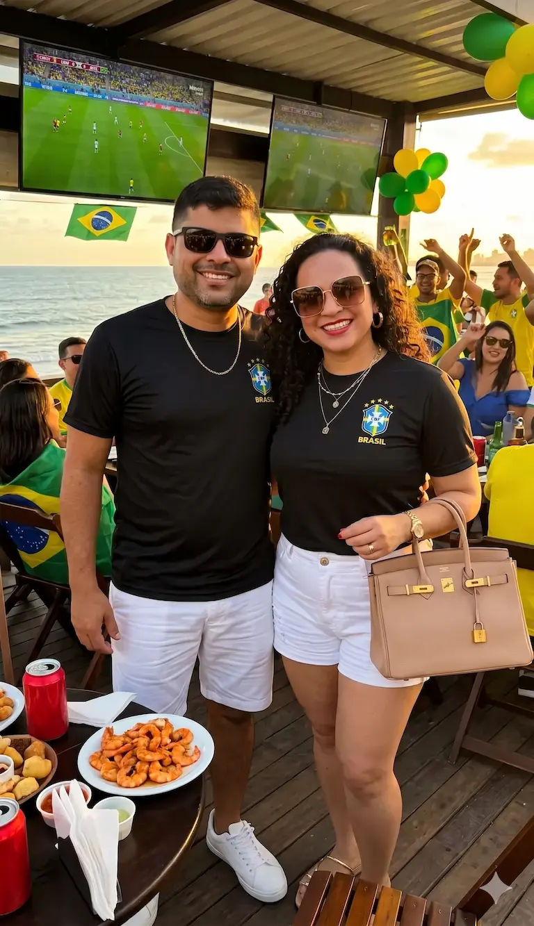 Casal sorrindo vestindo uma blusa do Brasil na cor preto com escudo e detalhes em amarelo, combinada com shorts branco. Produto da loja Leticy Moda Feminina.