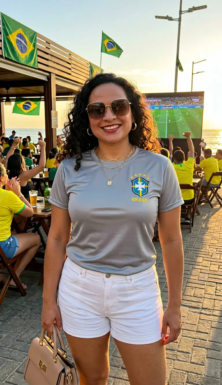 Mulher sorrindo vestindo uma blusa do Brasil feminina na cor cinza com escudo e detalhes em amarelo, combinada com shorts branco. Produto da loja Leticy Moda Feminina.