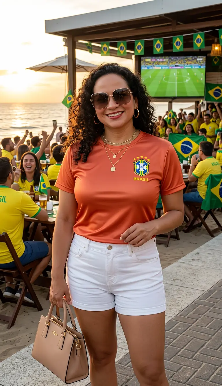 Mulher sorrindo vestindo uma blusa do Brasil feminina na cor laranja com escudo e detalhes em amarelo, combinada com shorts branco. Produto da loja Leticy Moda Feminina.