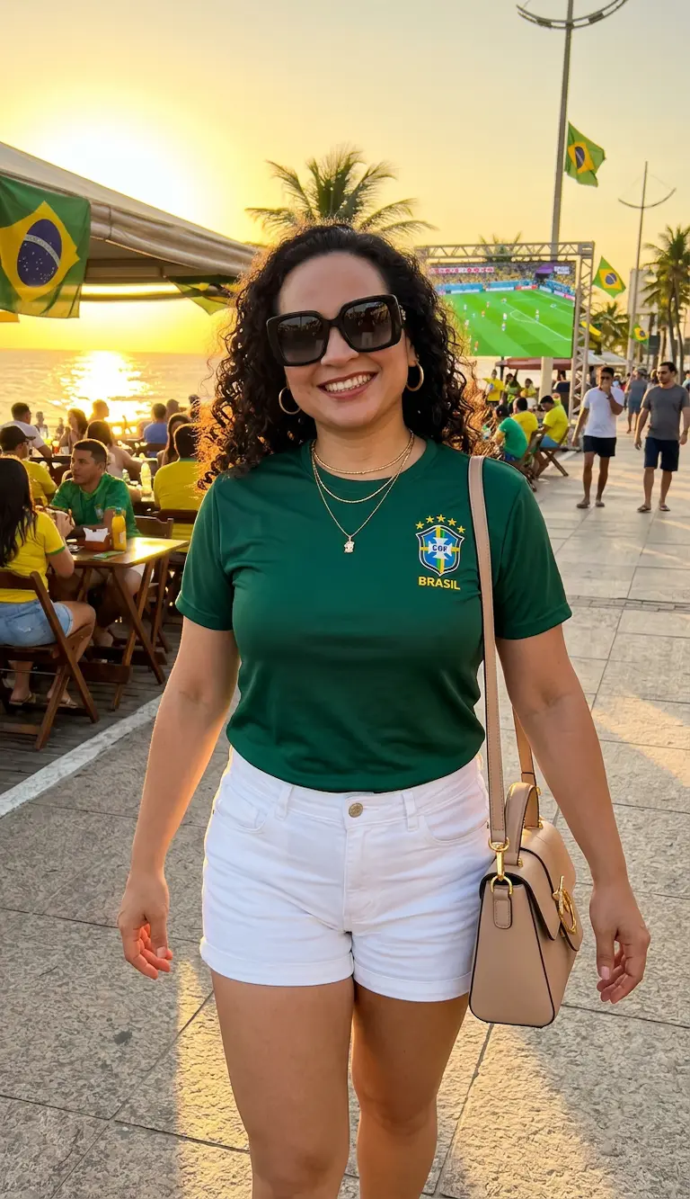 Mulher sorrindo vestindo uma blusa do Brasil feminina na cor verde com escudo e detalhes em amarelo, combinada com shorts branco. Produto da loja Leticy Moda Feminina.