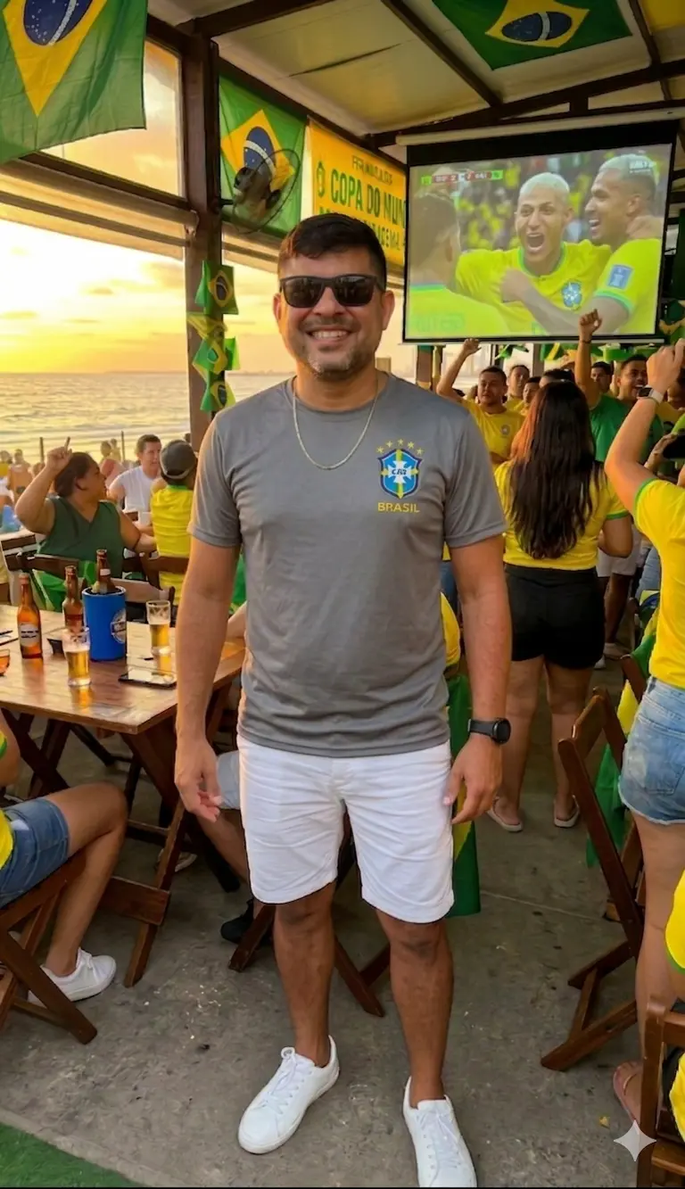 Homem sorrindo vestindo uma blusa do Brasil masculina na cor cinza com escudo e detalhes em amarelo, combinada com shorts branco. Produto da loja Leticy Moda Feminina.