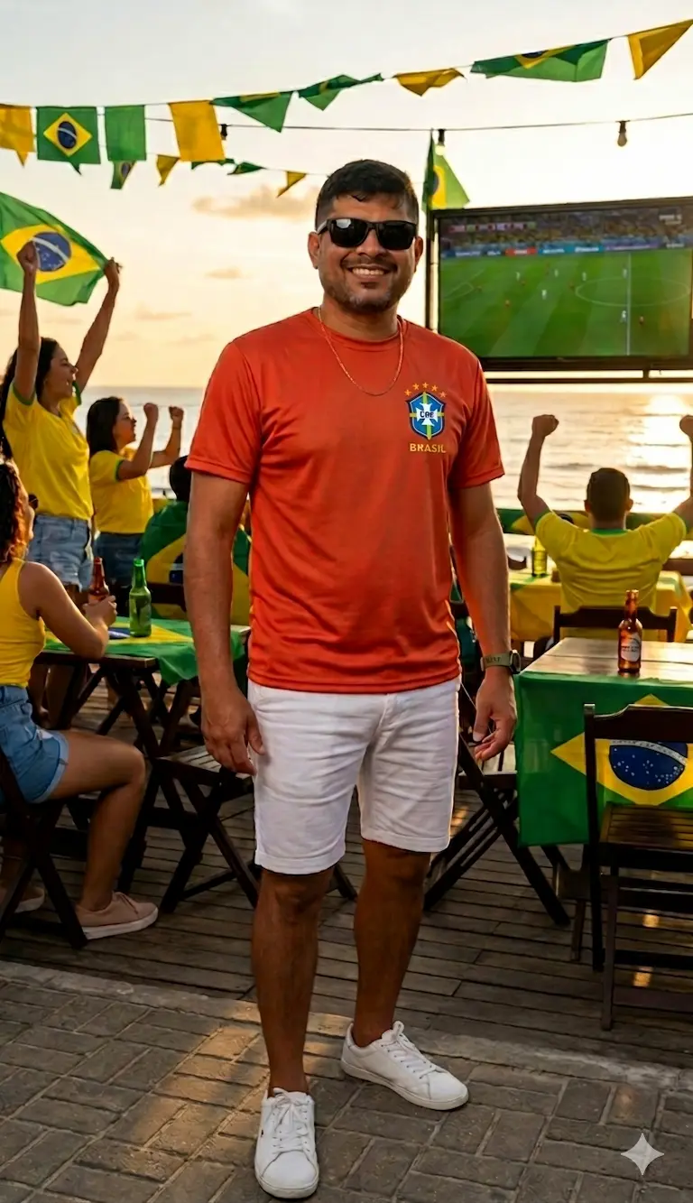 Homem sorrindo vestindo uma blusa do Brasil masculina na cor laranja com escudo e detalhes em amarelo, combinada com shorts branco. Produto da loja Leticy Moda Feminina.